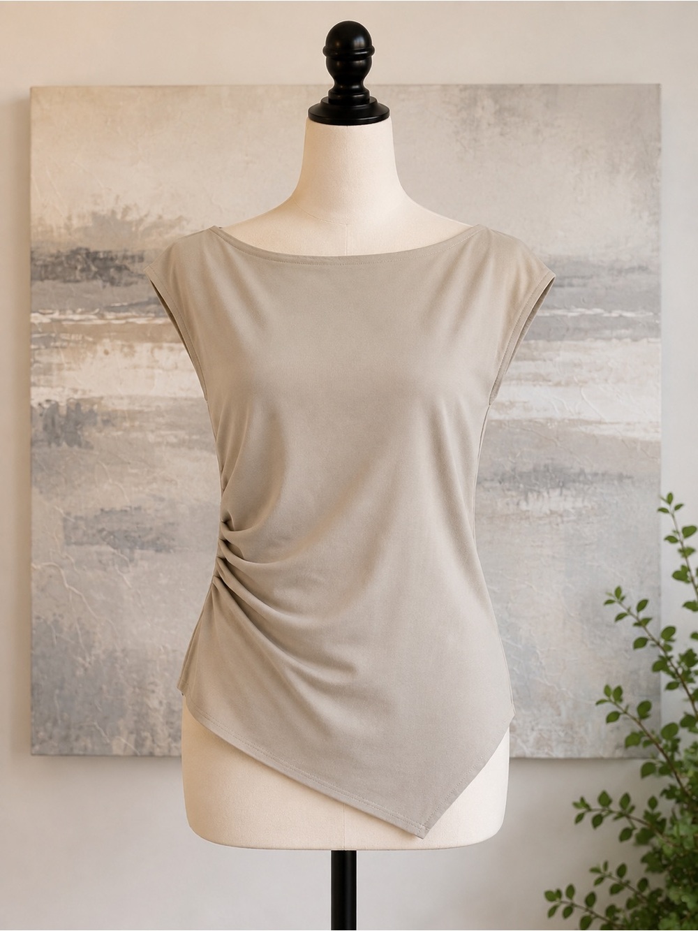 Pretty Little Thing Stone Asymmetric Ruched Top US 4 Beige Cap Sleeve NWT Size S